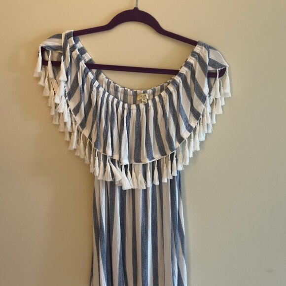 Dusty Blue and White Tassel Trim Stripe Top (Sz M) - Picture 2 of 4